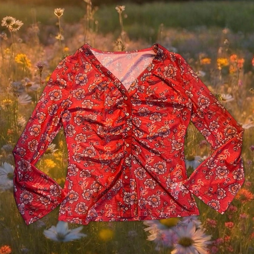 Floral Rushed Red Button Down Blouse XXL